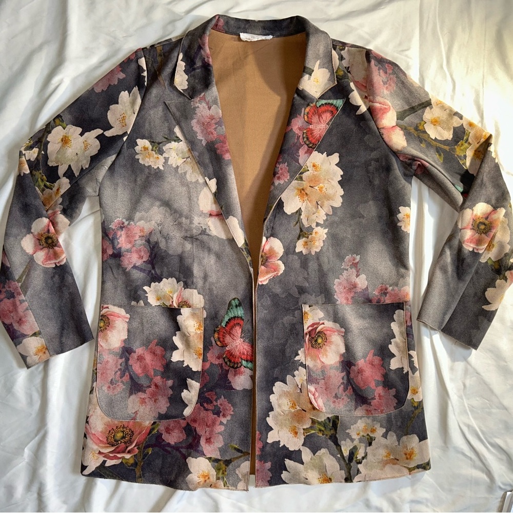 Suede Floral Women's Jacket with Butterfly Accents